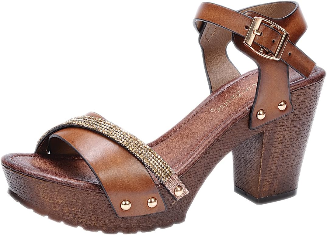 Nature Breeze Women's Vint-02 Buckle Comfort Medium Chunky Wooden Heel Sandal,Tan,6