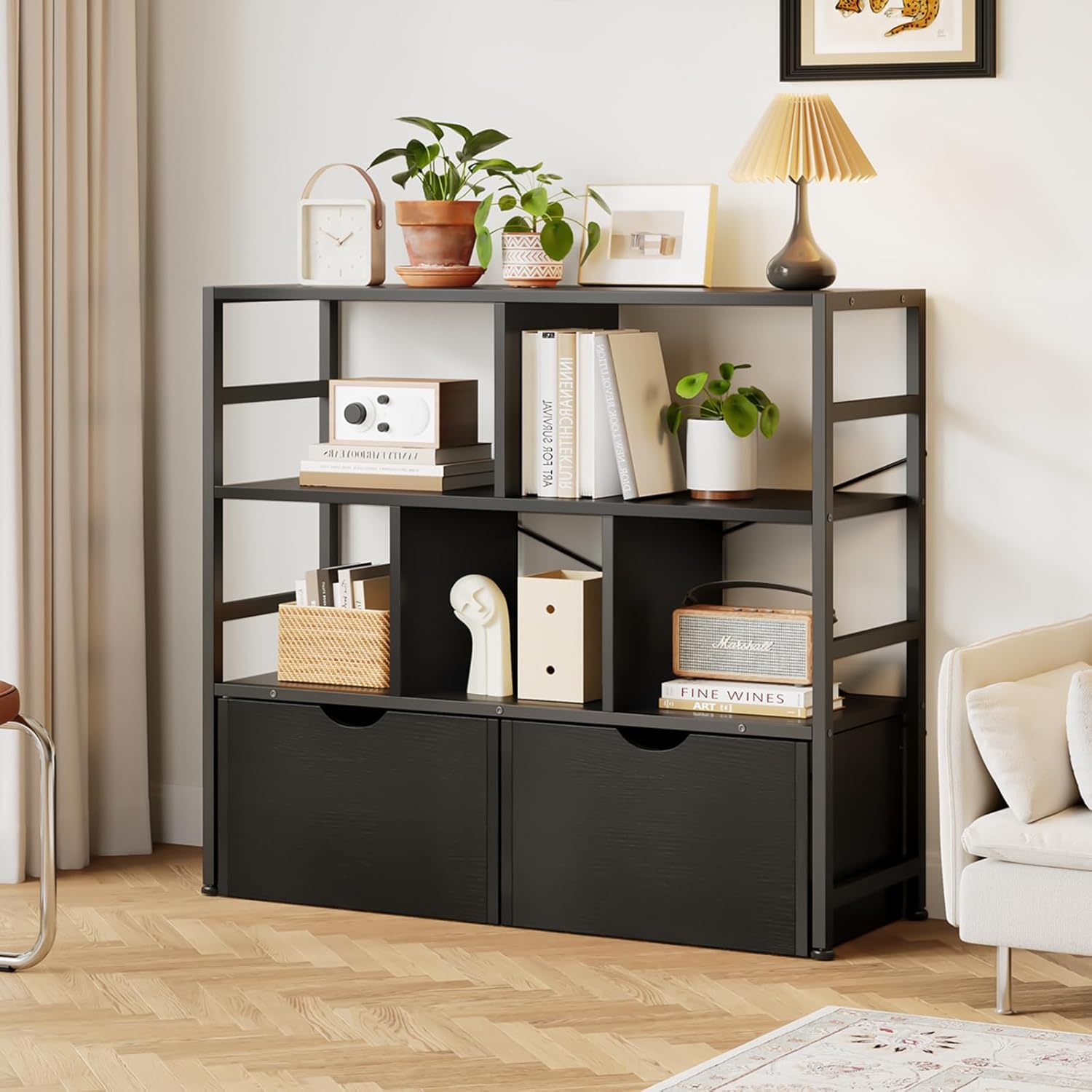 Dripex 4 Tier Wooden Black Storage Shelves, 33D x 100W x 90H cm, 5 Compartments & 2 Drawers with Swivel Casters，Display Storage Shelf with Steel Frame, Low Bookcase for Living Room or Office