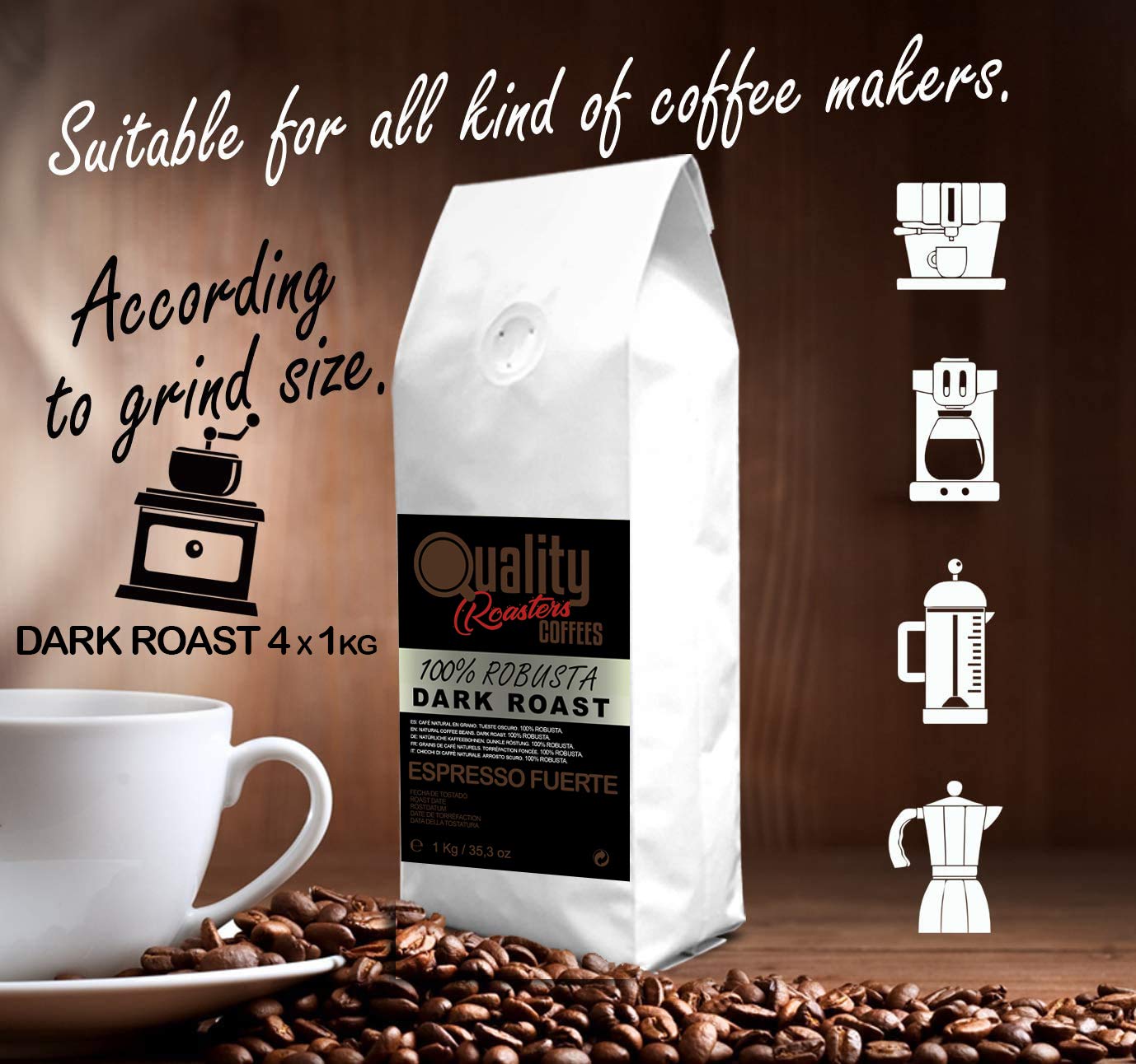 Quality Roasters Coffees. Grains de café naturels "Espresso Fuerte". Rôti noir. 100% Robusta. Pack de 4 Kg. Rôti à la main. Dark Roast. 4 x 1 Kg