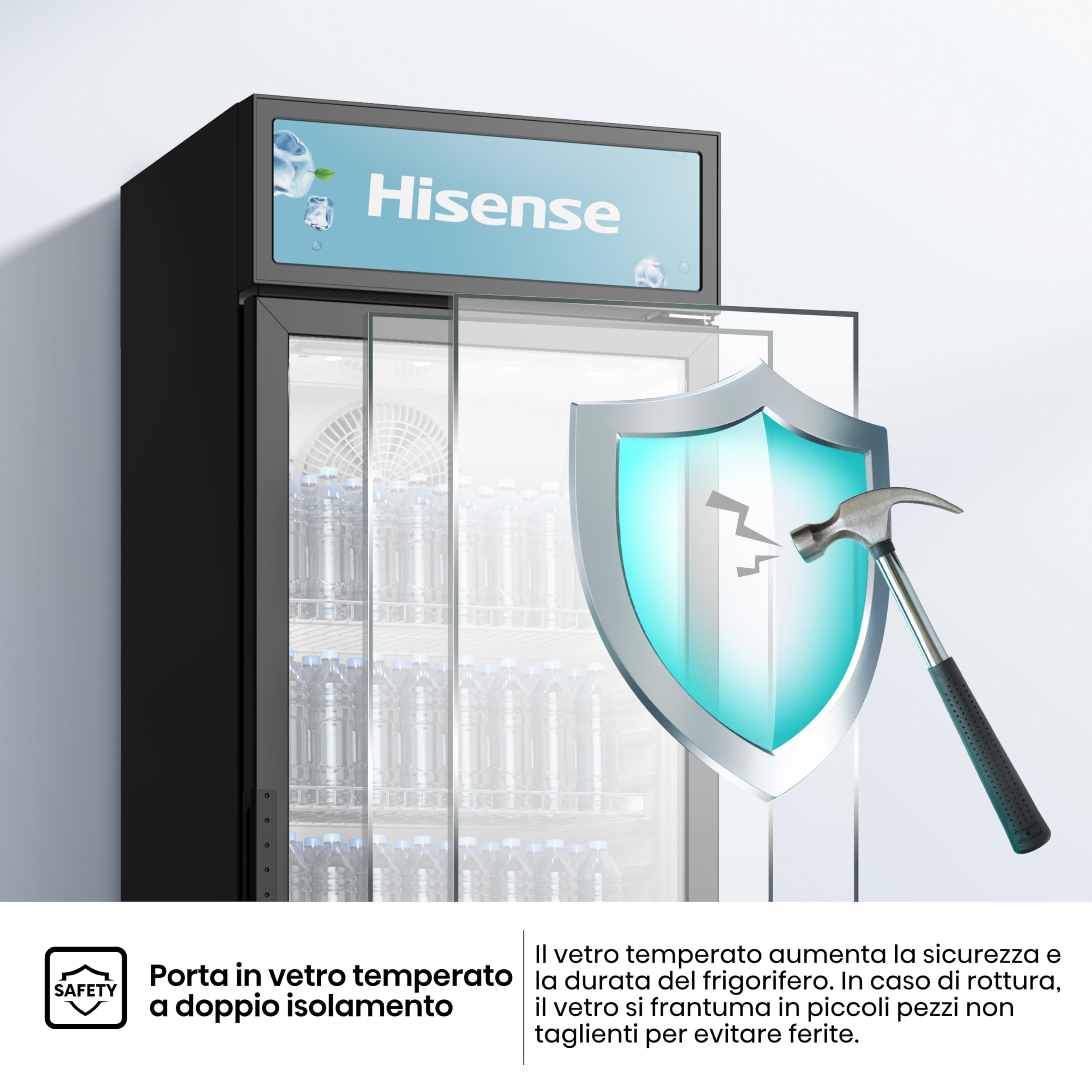 Hisense CPC271F7ABE Frigorifero commerciale bevande, 251 litri, Illuminazione interna LED, Display Personalizzabile, Ripiani Regolabili, Sistema di Autoevaporazione, Serratura, Classe E, Nero