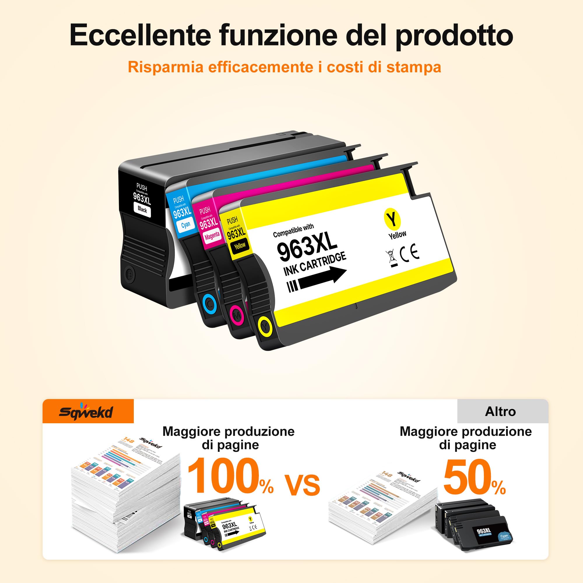 Sqwekd 963XL Lot de 4 cartouches d'encre compatibles avec HP 963 XL Multipack pour HP OfficeJet Pro 9010 9020 9013 9023 9012 9015 9025 9014 9016 9018 9019 9022 (noir, cyan, jaune, magenta)