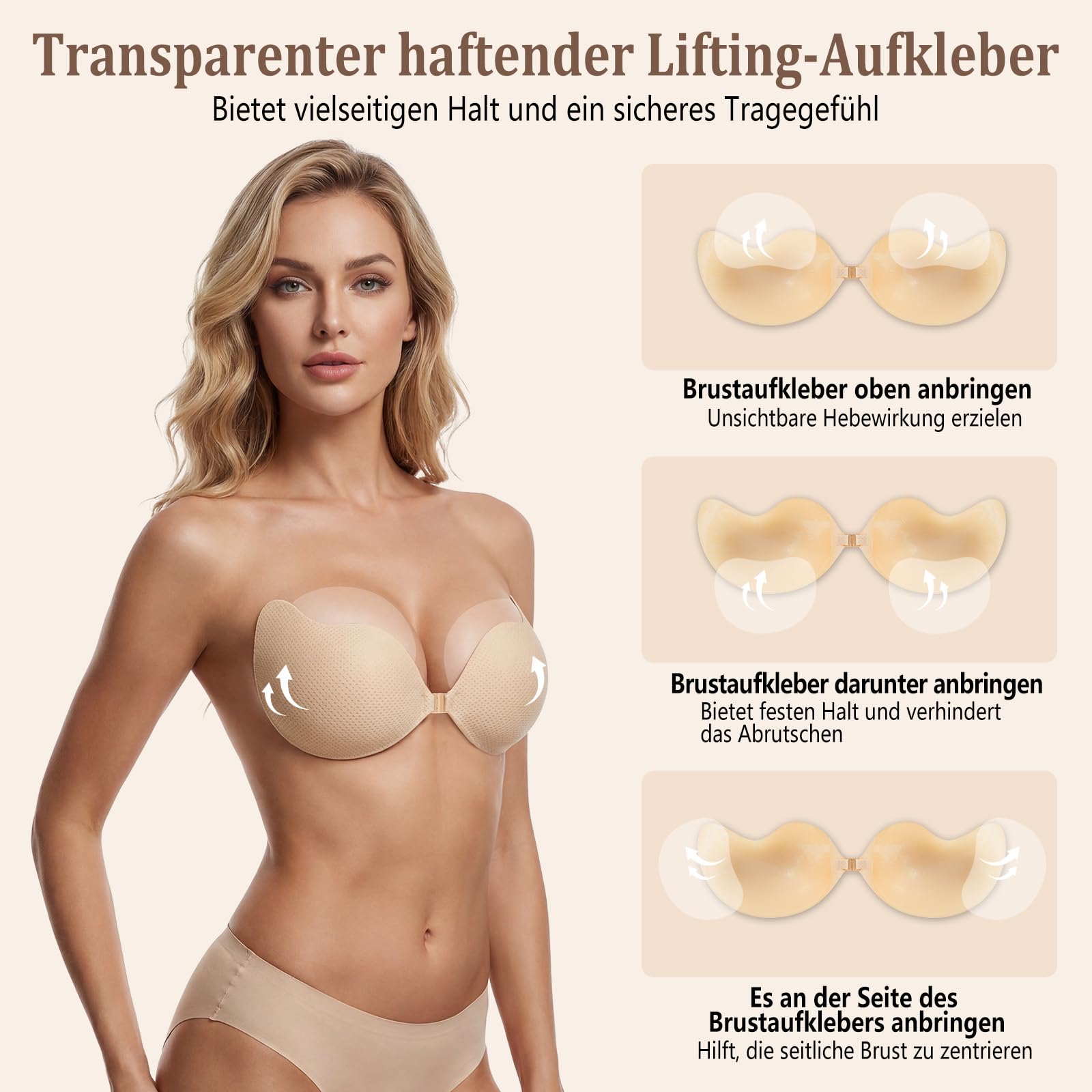 Klebe BH Push Up, Unsichtbarer BH Sticky Bra, Wiederverwendbarer Klebe Push Up BH für Damen, Große & Kleine Brüste mit Nippelpads & Aufklebern zur Bruststraffung, BH für Rückenfreies Kleid, Brautkleid