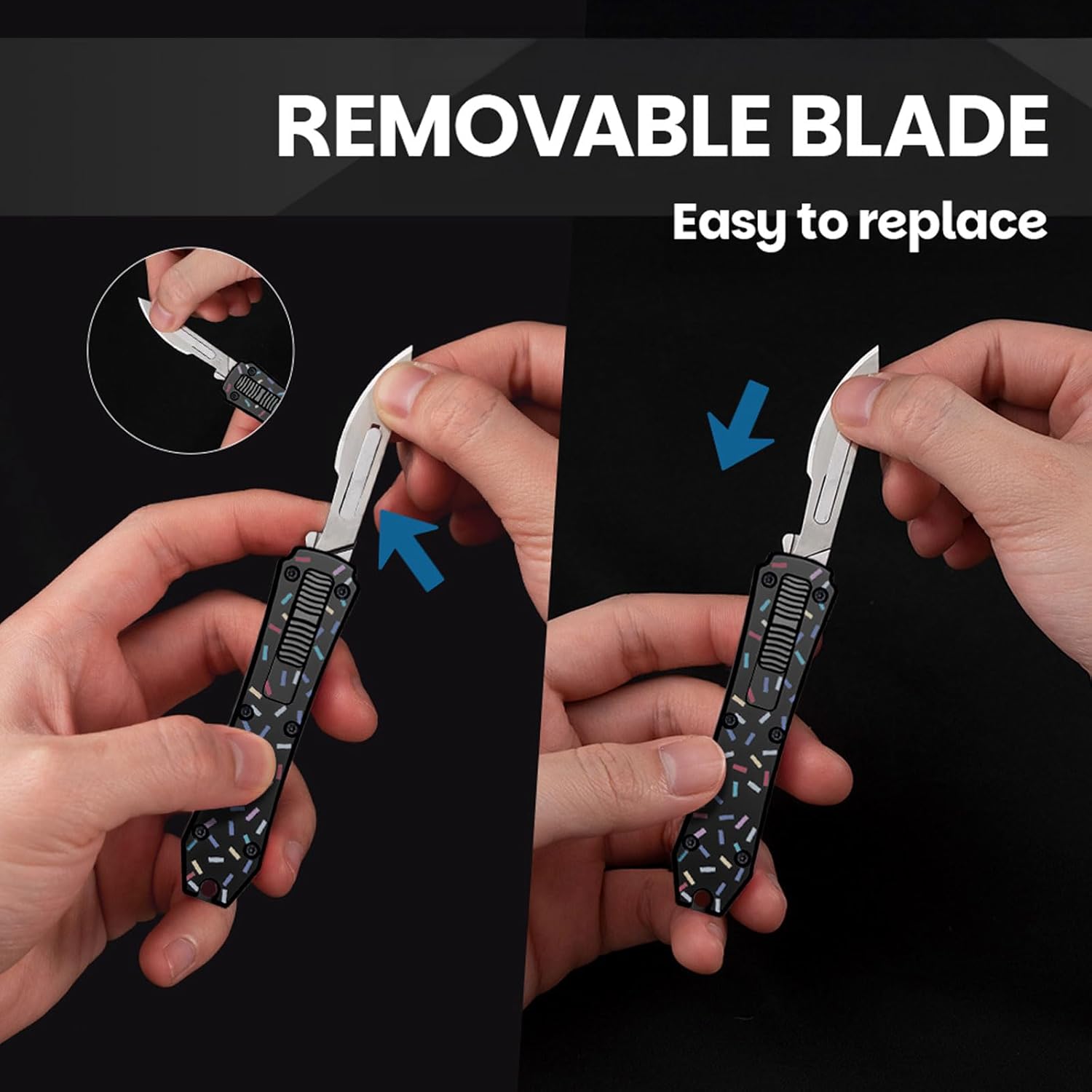 Automatic Utility Knife,All Metal Construction Carbon Stainless Steel Blade,EDC Push Button Quick Change Retractable Box Cutter with Clip,10PCS #23 Blades Replacement,Black Doughnut