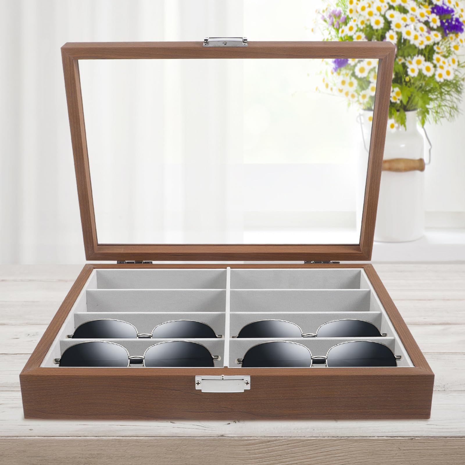 VILLCASE Scatola Porta Occhiali Contenitore Occhiali Trasparenti in Legno 8 Scomparti e Feltro Interno e Protezione Antigraffio per Vacanze Estive da Scrivania