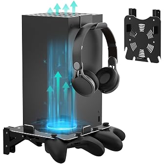 ZHGM Folding Wall Mount for Xbox Series X, Aluminum Alloy Wall Mount Kit for Xbox X with 2 Controller Holders & 1 Headphone Hook, Console Facing Forward Heavy Duty Shelf Wall Mount Bracket Black