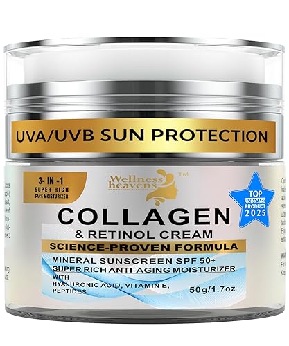 Hidratante facial diario con SPF 50 Retinol, ácido hialurónico y colágeno con crema antienvejecimiento, reafirmante y reafirmante y protección