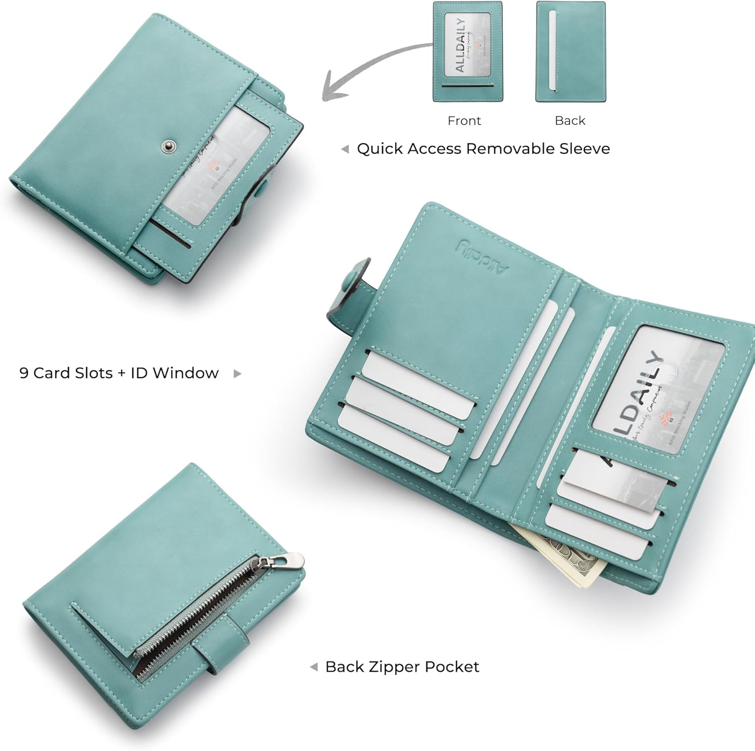 Alldaily Small RFID Blocking Leather Wallet for Women, Bifold with 10 Card Slots and Zipper Pocket (Purist Blue) - Image 2