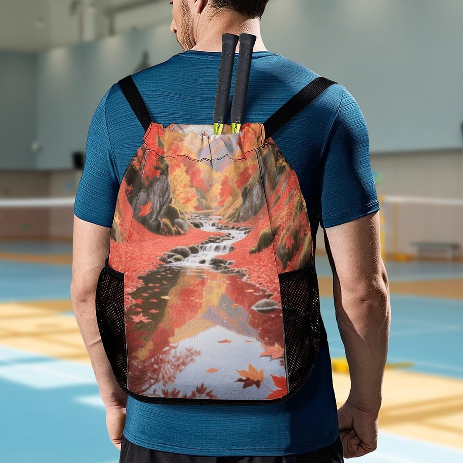 Small Gym Bag Maple Leaf Valley Printed Drawstring Gym Bag for Men Lightweight Waterproof Drawstring Backpack for Women with Shoe Compartment for Travel Tourism Work And Fitness