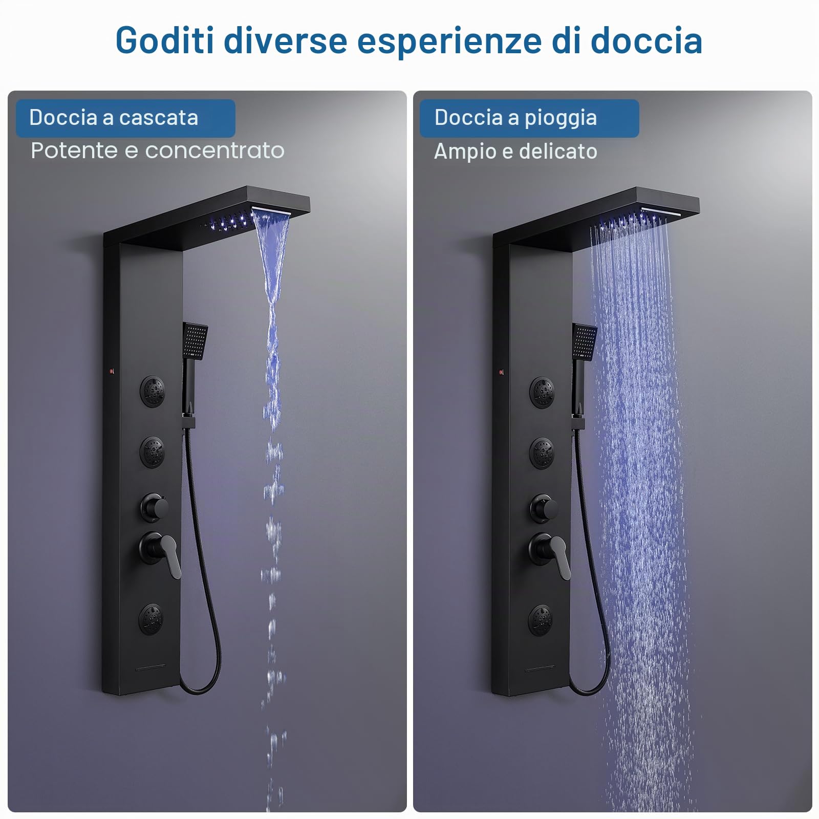 Pannello doccia a LED con miscelatore, 6 modalità doccia: pioggia e cascata, 2 modalità getto massaggio, combinato e beccuccio da bagno, colonna doccia in acciaio inossidabile nero opaco