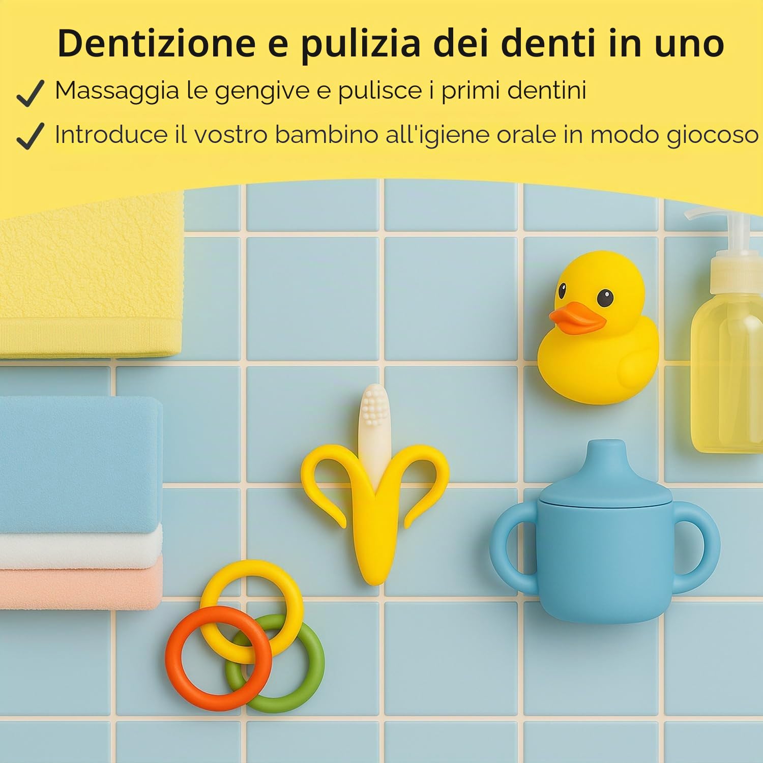 Spazzolino da denti e massaggiagengive per bambino a forma di banana – 2 in 1 invenzione per pulire i denti e proteggerli
