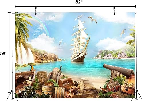 Miniatura 8 de BELECO Telón de fondo de tela de 9 x 6 pies, diseño de pirata, barco pirata, cofres del tesoro, barriles, loro, océano, velero, montaña, cascadas,