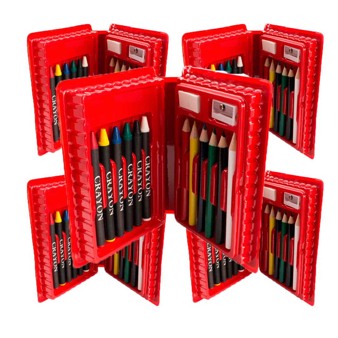 Lote de 50 Estuches de ceras y lápices de colores con sacapuntas y goma. Regalos para cumpleaños niños. Detalles infantiles para colegios, guarderías. (50)