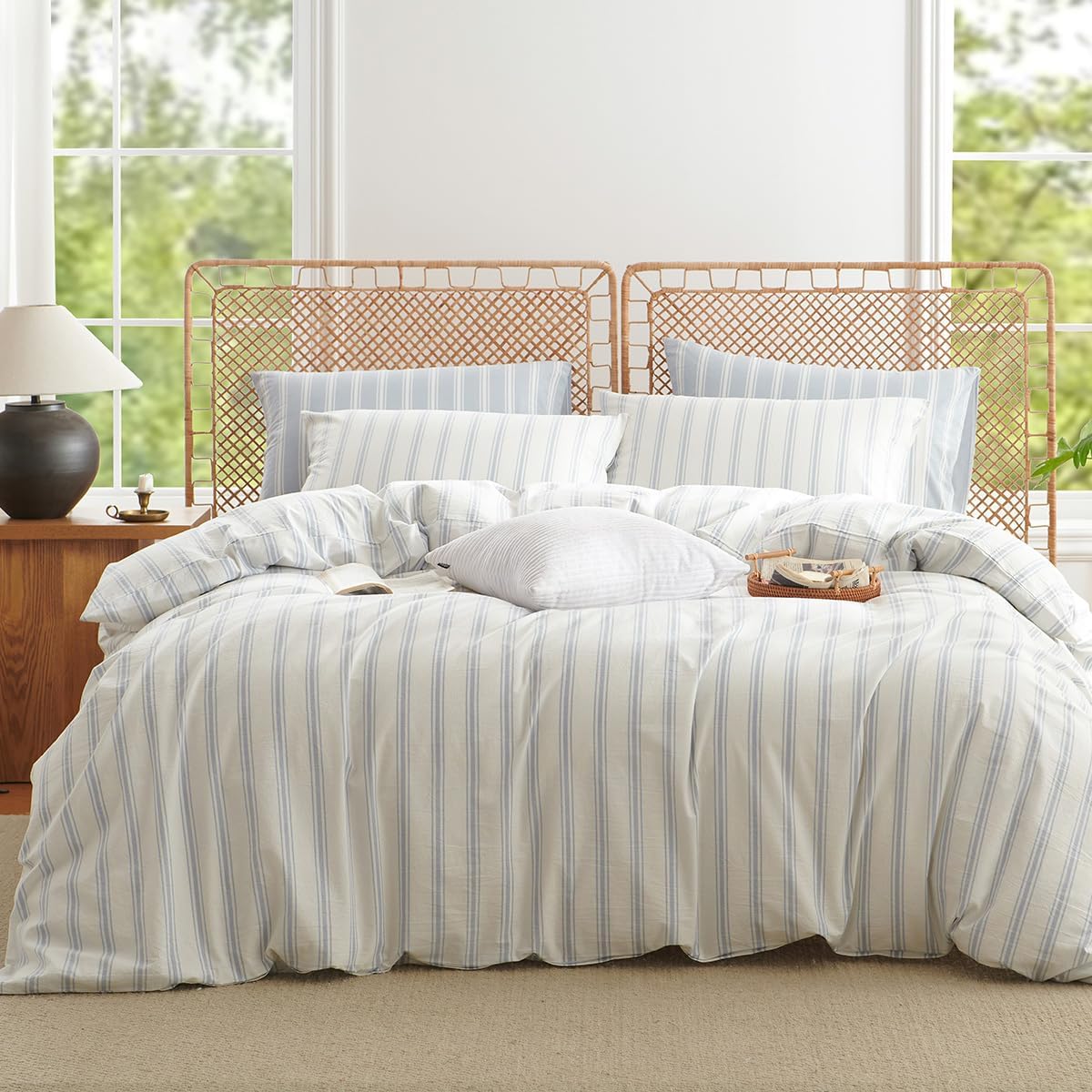 Duvet Cover Set Twin Size, 100% Washed Cotton Striped Duvet Cover Linen Like Textured Bedding Set, Classic Blue White Stripes Comforter Cover Twin with Zipper Closure and Pillowcase