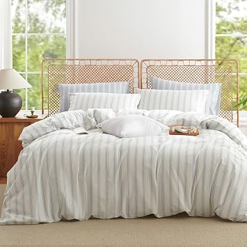 Duvet Cover Set King Size, 100% Washed Cotton Striped Duvet Cover Linen Like Textured Bedding Set, Classic Blue White Stripes Comforter Cover King with Zipper Closure and 2 Pillowcases