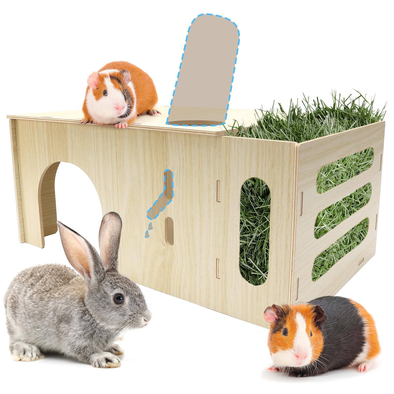 3 en 1 Comedero para cobayas, Accesorios de Madera con comedero, portabotellas y casita de Juegos, 40 x 17 x 24 cm, para Animales pequeños como Conejos Enanos, hámsteres, Ardillas y erizos