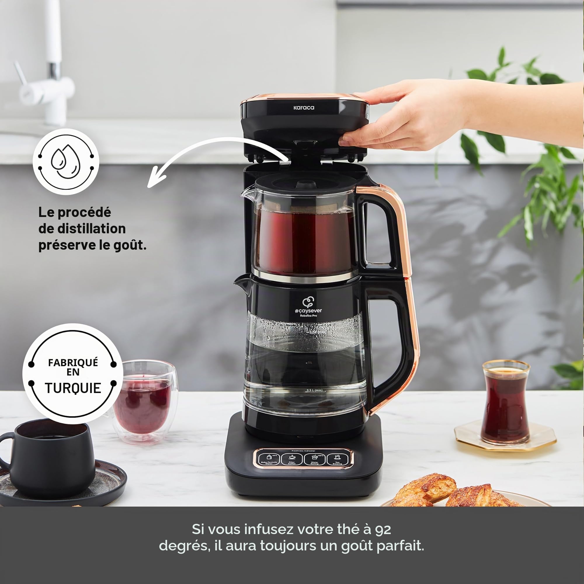 Karaca Bouilloire Robotea Pro 4 en 1 automatique et parlante Bouilloire et cafetière filtre 2500W, Black Copper
