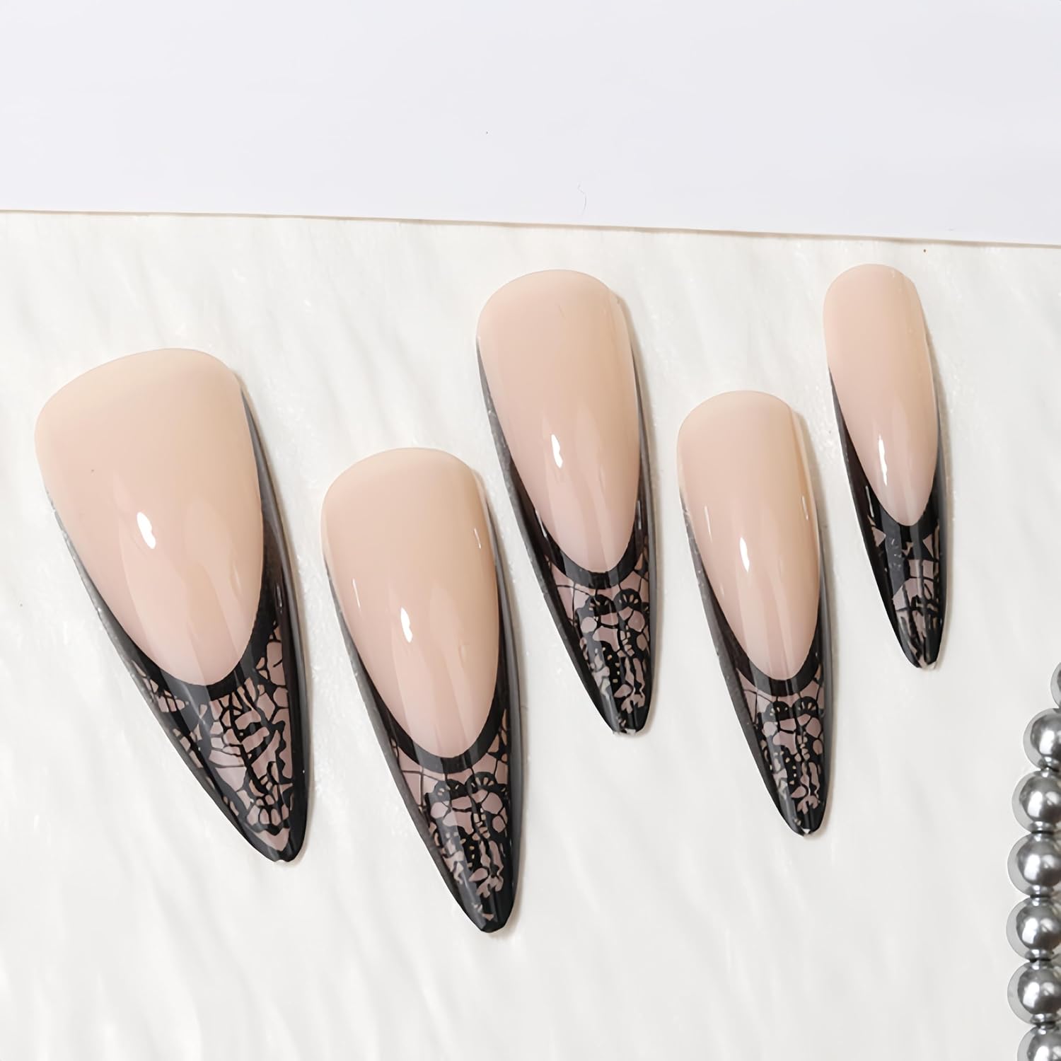 24Pcs Black French Tip Lace Press on Nails Stiletto Almond Fake Nails French Tip Nails Press ons Black Lace Y2k Goth Glossy Coquette Aesthetic Glue on Nails Easy Apply Stick on Nail for Women Manicure