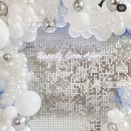 Miniatura 5 de FlavorThings Easy Setup - Paneles de fondo de pared brillantes de lentejuelas plateadas de 24 paneles para decoración de fiestas para bodas,