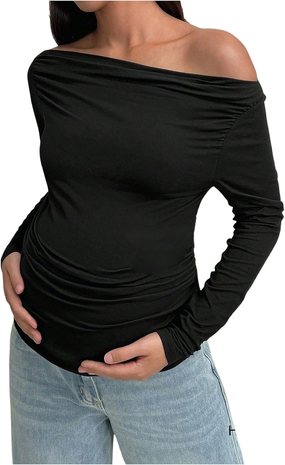MakeMeChic Women's Off The Shoulder Maternity Tee Shirt Long Sleeve Asymmetrical Neck Ruched Pregnancy Top