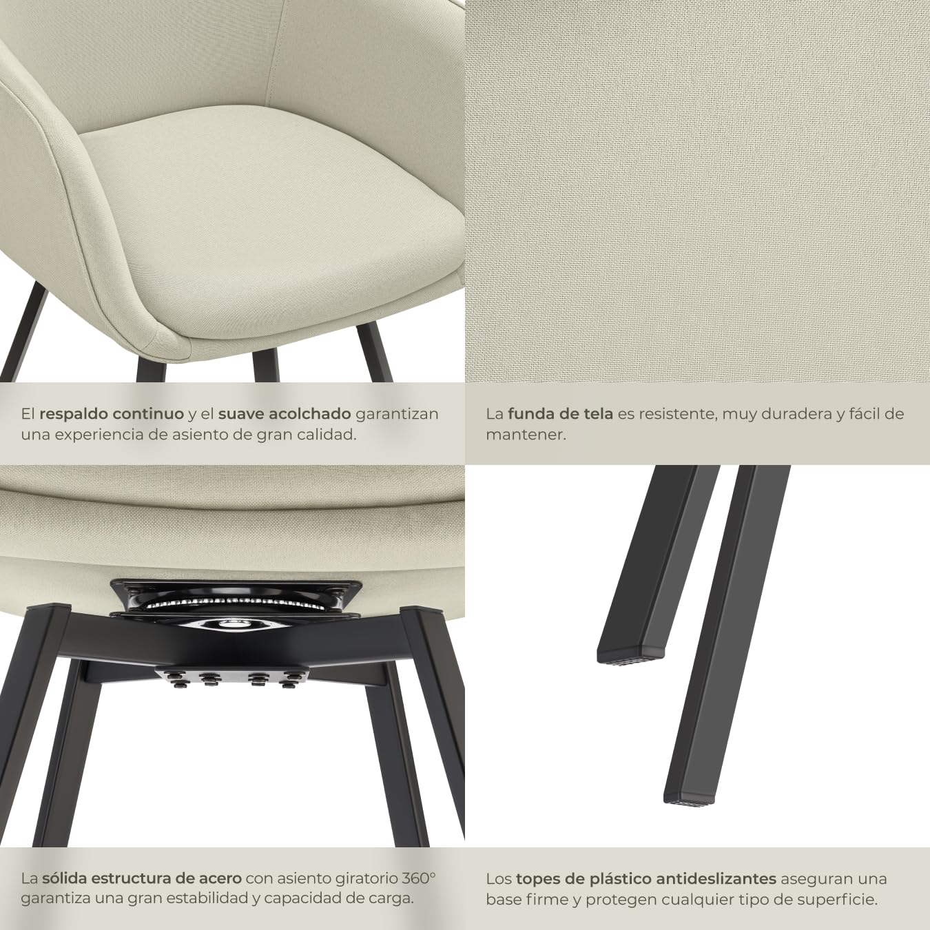 tectake® Silla Giratoria con Reposabrazos, Tapizada y con Acolchado de Alta Densidad, Patas de Acero 360°, Antideslizante, Montaje Rápido, Ideal para Comedor, Cocina y Dormitorio - 2 Sillas Beige