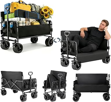 Wagon Foldable Cart Convert to Bench, Collapsible Heavy Duty Cart with Wheels, All Terrain Camping, Utility Grocery Wagon for Beach, Shopping, Garden, Sports and Fishing LY008-BLACK