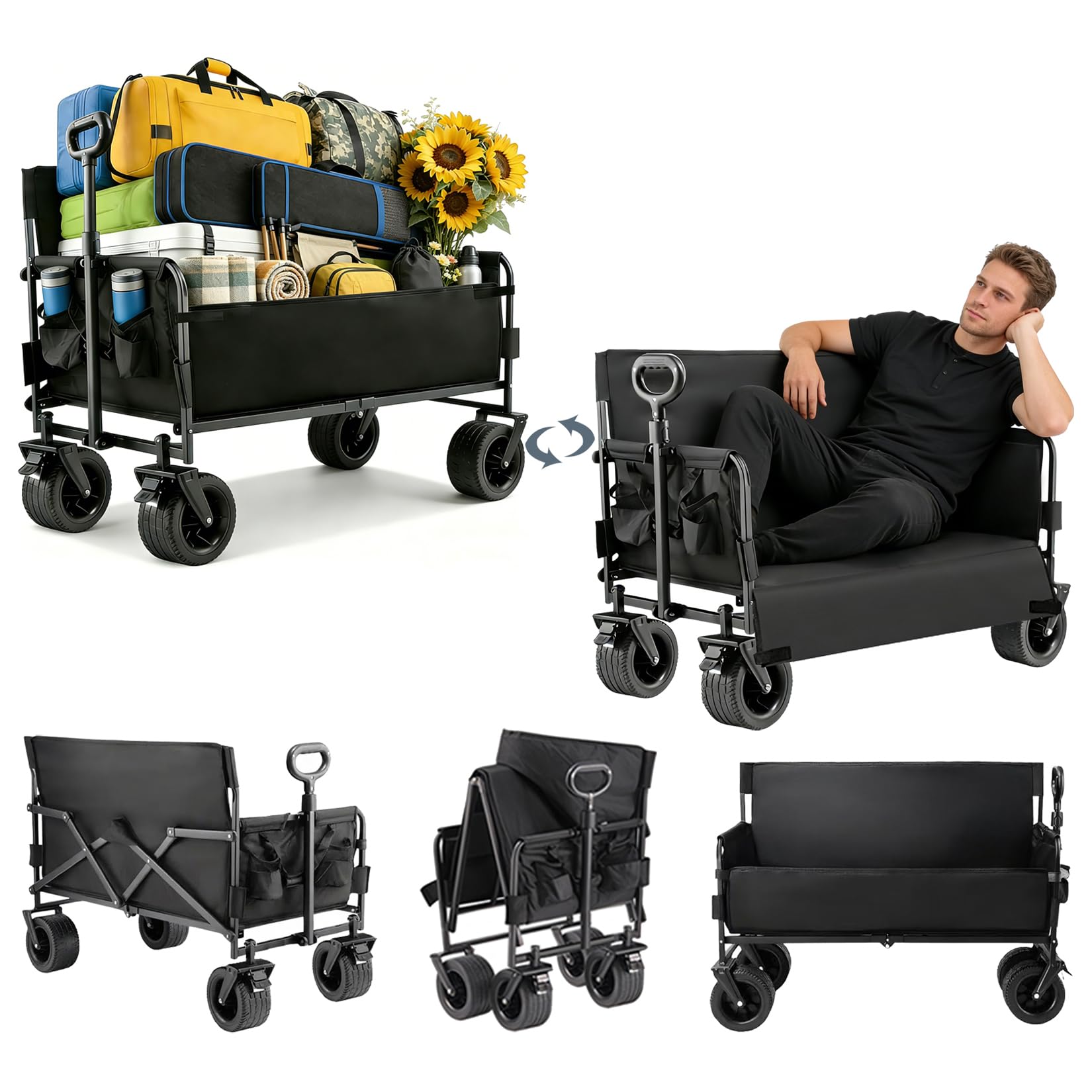 Nine point nine Bollerwagen Faltbar Umbaubar zur Bank, 445LBS Tragkraft Bollerwagen, Handwagen Mit Flexiblem Griff, Strandwagen Mit Rädern (008 Black)