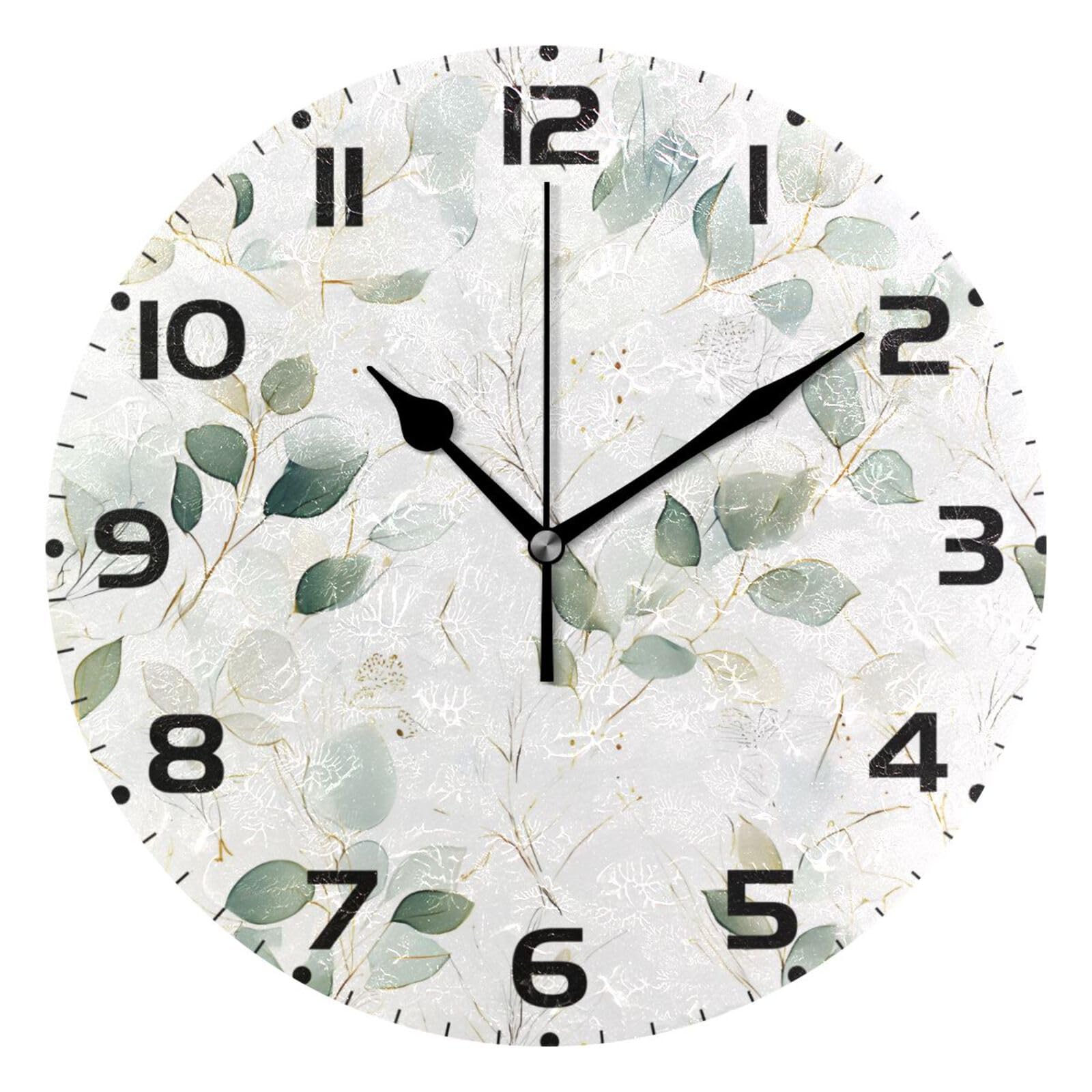 ISAOA Leaves Branches Pattern Wall Clock for Bedroom Living Room Kitchen School Office, Non-ticking Silent Round Clock,25 CM