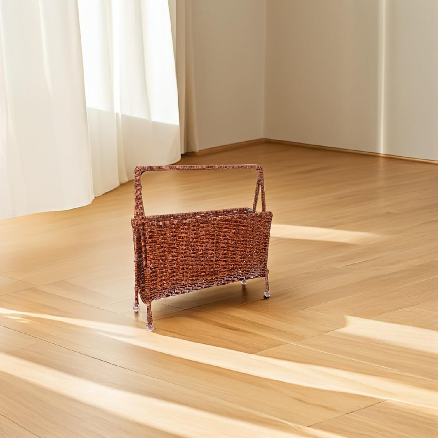 Woven Rattan Magazine Holder Storage Basket Imitation Rattan Wicker Rack for Living Room and Bedroom Newspaper Organizer Home Décor Accent