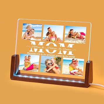 Personalized Night Light Customized Gifts for Mom, Customized Acrylic Plaque Printed with Photos Custom Walnut Picture Frame with LED, Mothers Day Gifts from Daughter