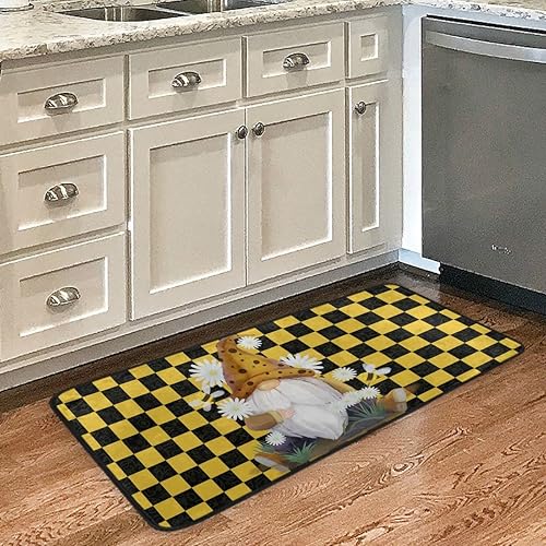 Miniatura 6 de ZOEO Tapete de cocina con diseño de gnomos, margaritas, amarillo y negro, antideslizante, para baño, para interiores, atrapador de suciedad,