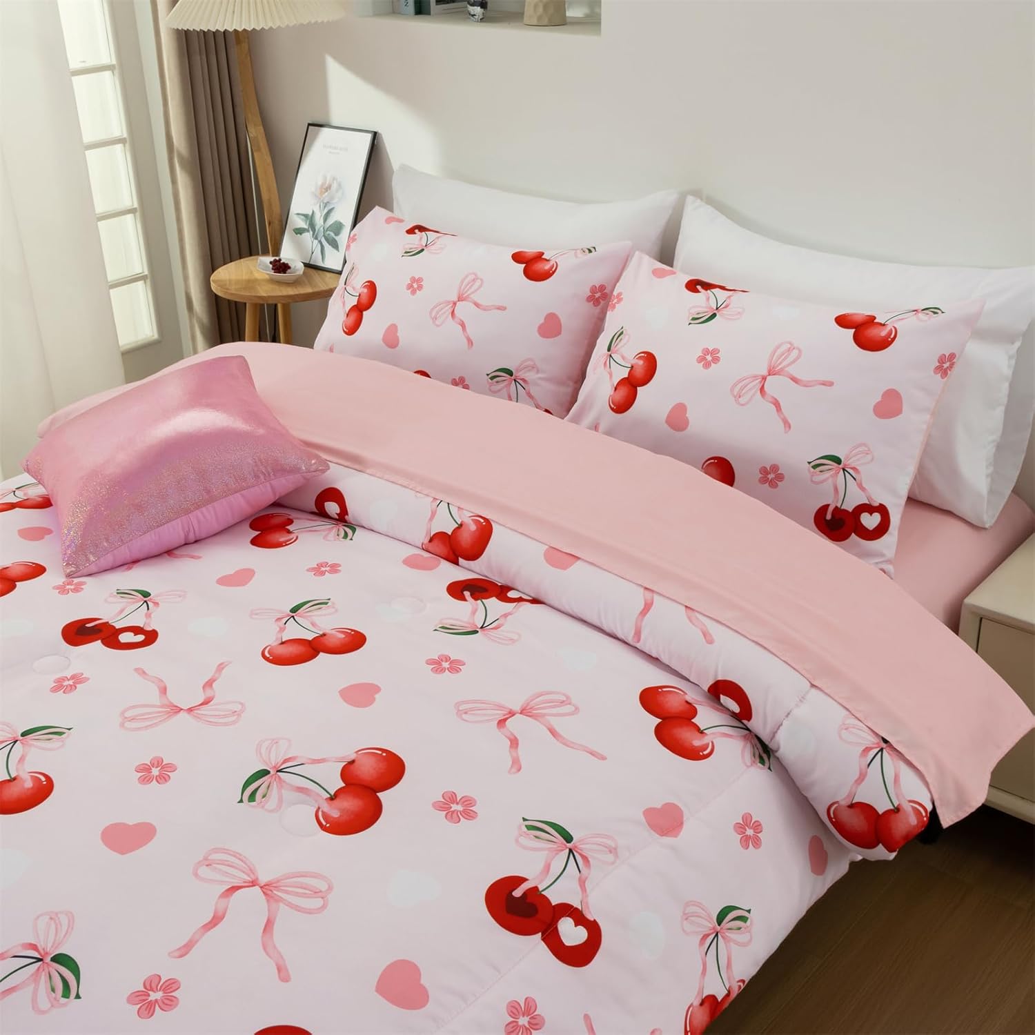 Aimuan Pink Cherries Comforter Set Cartoon Love Hearts Flowers and Grass Bedding Set for Girls Boys Kids Lightweight Soft 6 Piece with 2 Pillow Covers (Pink Red, Twin 6Pcs) - Image 5