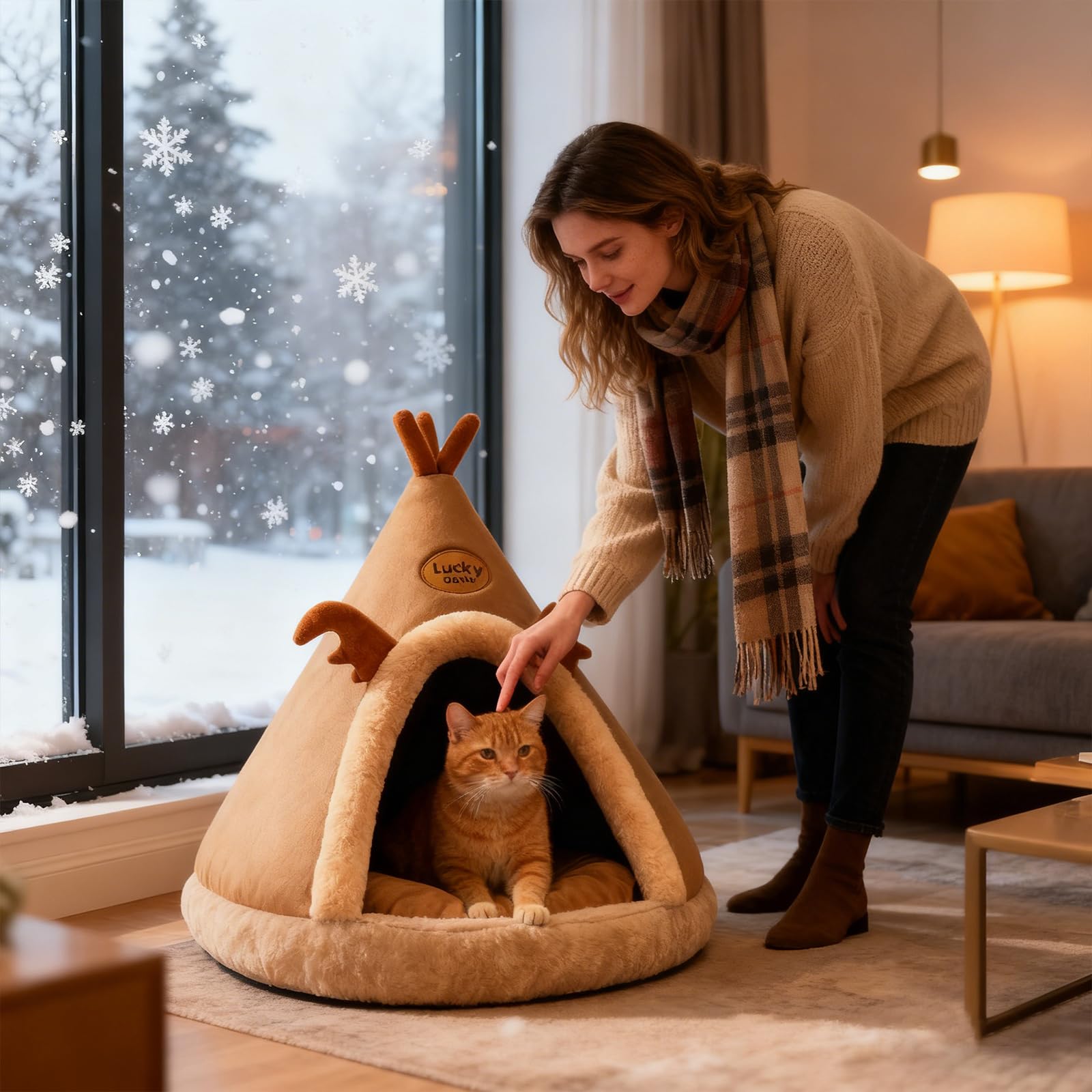 PETCUTE Cuccia per Gatti Semi-Chiusa,Super Morbido,Letto per Gatti con Giocattolo Sospeso e Cuscino Rimovibile Lavabile,Cuccia Gatto Chiusa Interno con Fondo Antiscivolo,XL