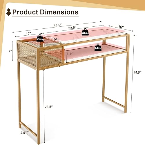 Miniatura 3 de GOFLAME Mesa consola con almacenamiento, mesa de sofá de mármol sintético blanco con marco acabado dorado, mesa de entrada estrecha con estantes
