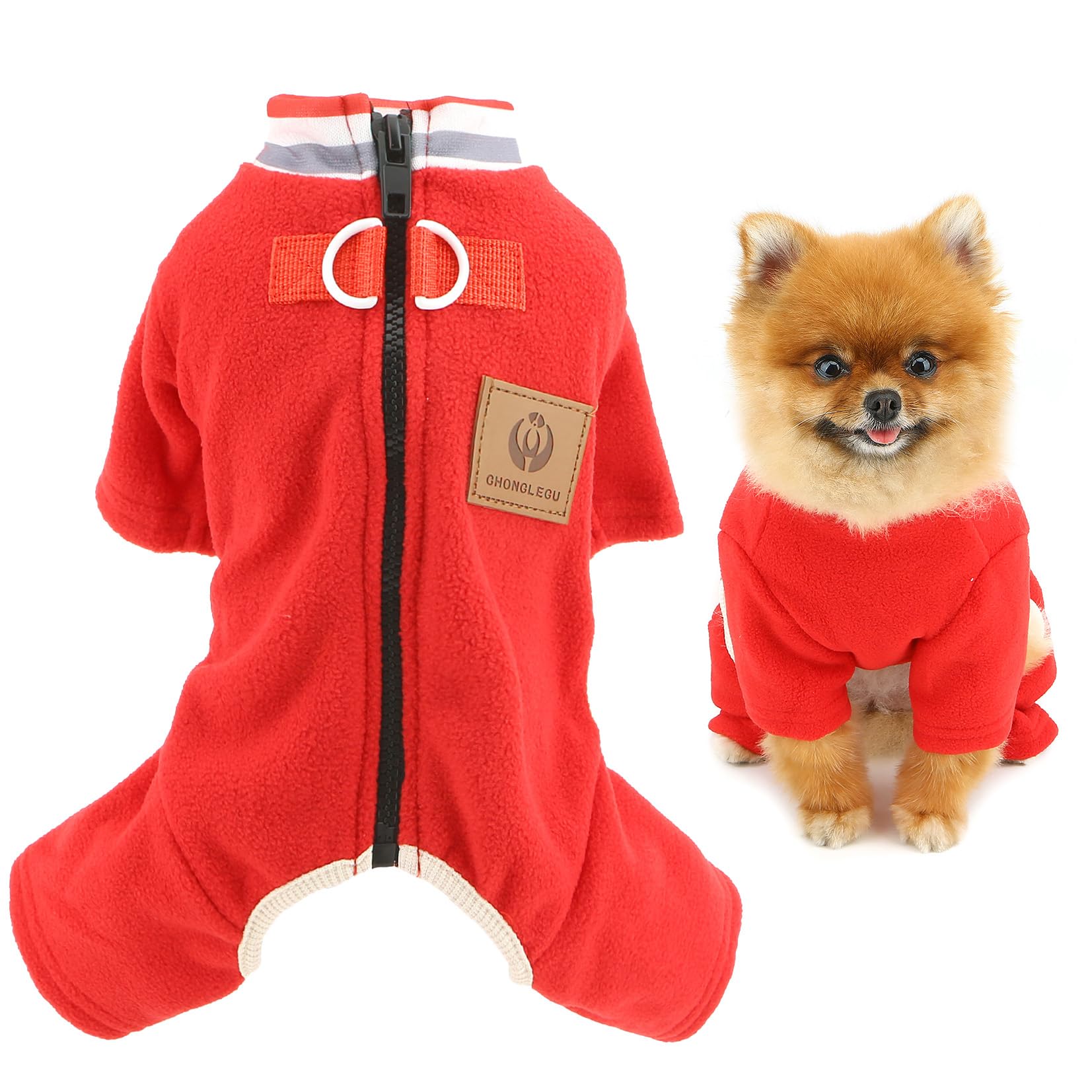 SMALLLEE_LUCKY_STORE Fuzzy Fleece Dog Pyjamas for Extra Small Dogs Warm Pajamas Solid Puppy Jumpsuit with Double D-Ring Turtleneck Zipper Back Winter Autumn Pjs Chihuahua Yorkshire Clothes Red S