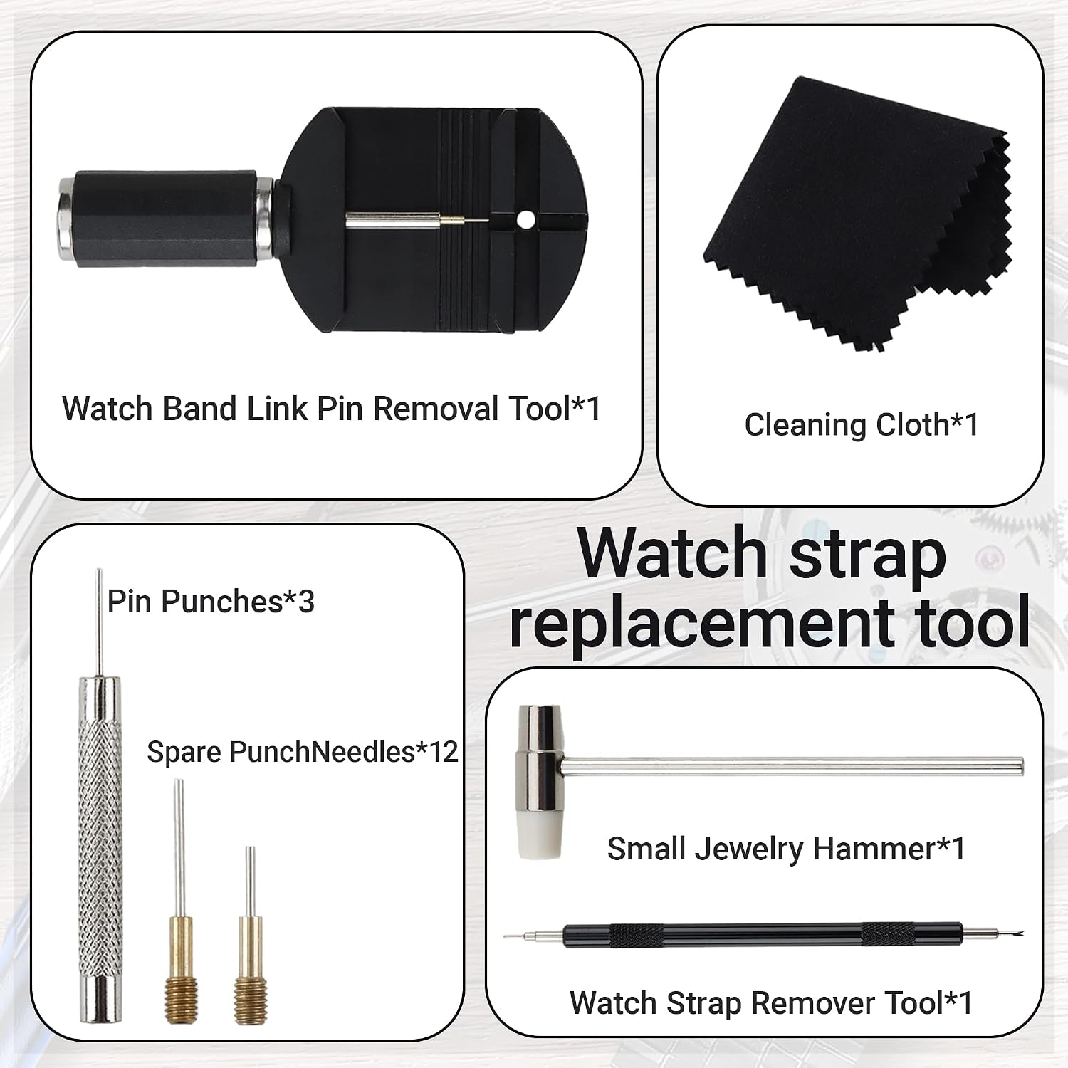 Watch Link Removal Kit, 19 in 1 kit, Can be Used for Strap Length Disassembly and Adjustment, Watch Strap Removal Tool, Tool Hammer, Cleaning Cloth and Spare Needle, with User Manual.