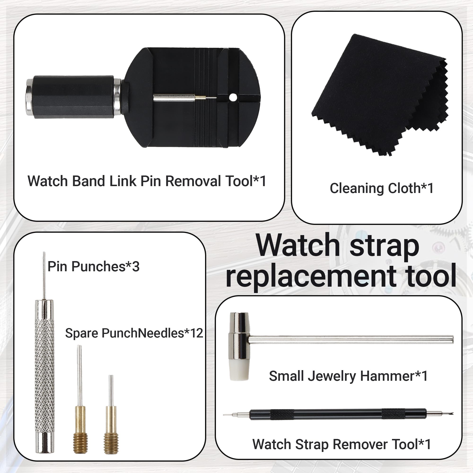 Horolab Watch Link Removal Kit, 19 in 1 kit, can be Used for Watch Strap Length disassembly and Adjustment, Adjustment Tool, Tool Hammer, Cleaning Cloth and Spare Needle, with User Manual.