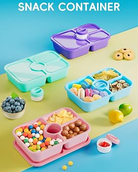 Canfanni 4 Pcs Bento Snack Box Containers, 4 Compartment Divided Stackable Food Storage Containers with Lids, Meal Prep Lunch Container with Sauce Cups
