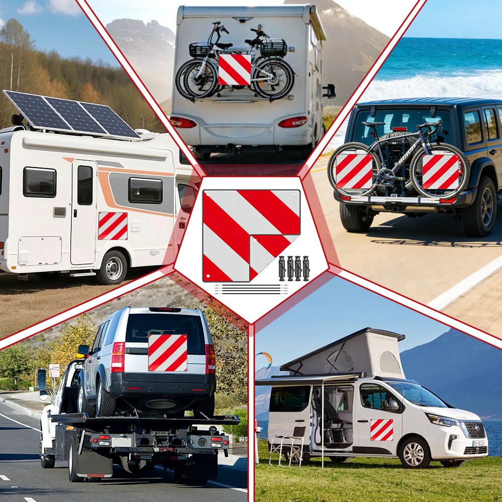 2 in1 Señal de Advertencia Italia y España, 2 Piezas Señal Reflectante de Advertencia Rojo y Blanco incluye 4 Tirones para Portabicicletas, Autocaravana, Caravana, Coche (50 x 50 cm)