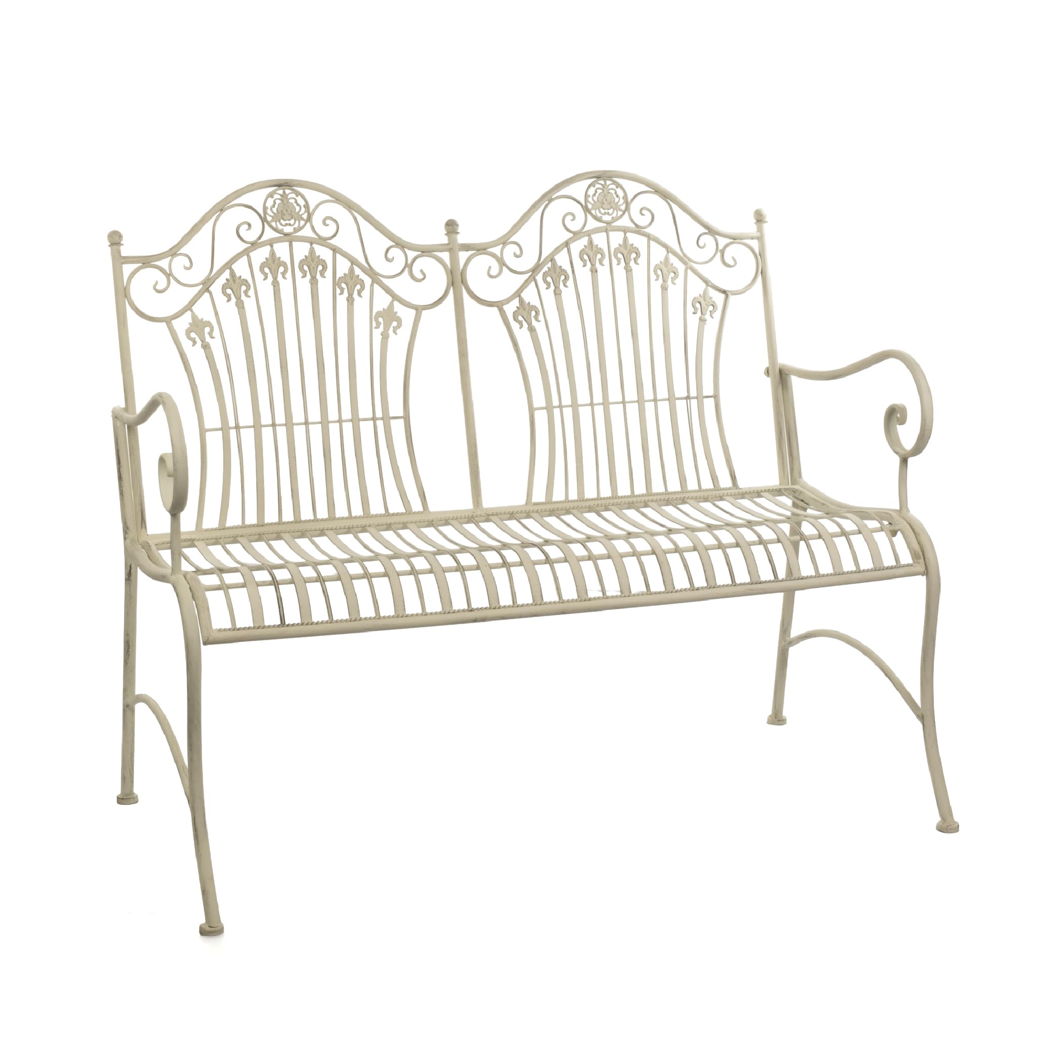 Moritz Ławka ogrodowa 113 cm, metalowa, antyczna biel, 2-osobowa ławka do siedzenia z filigranowymi zdobieniami liliowymi w stylu shabby chic, odporna na warunki atmosferyczne, do ogrodu, na taras i