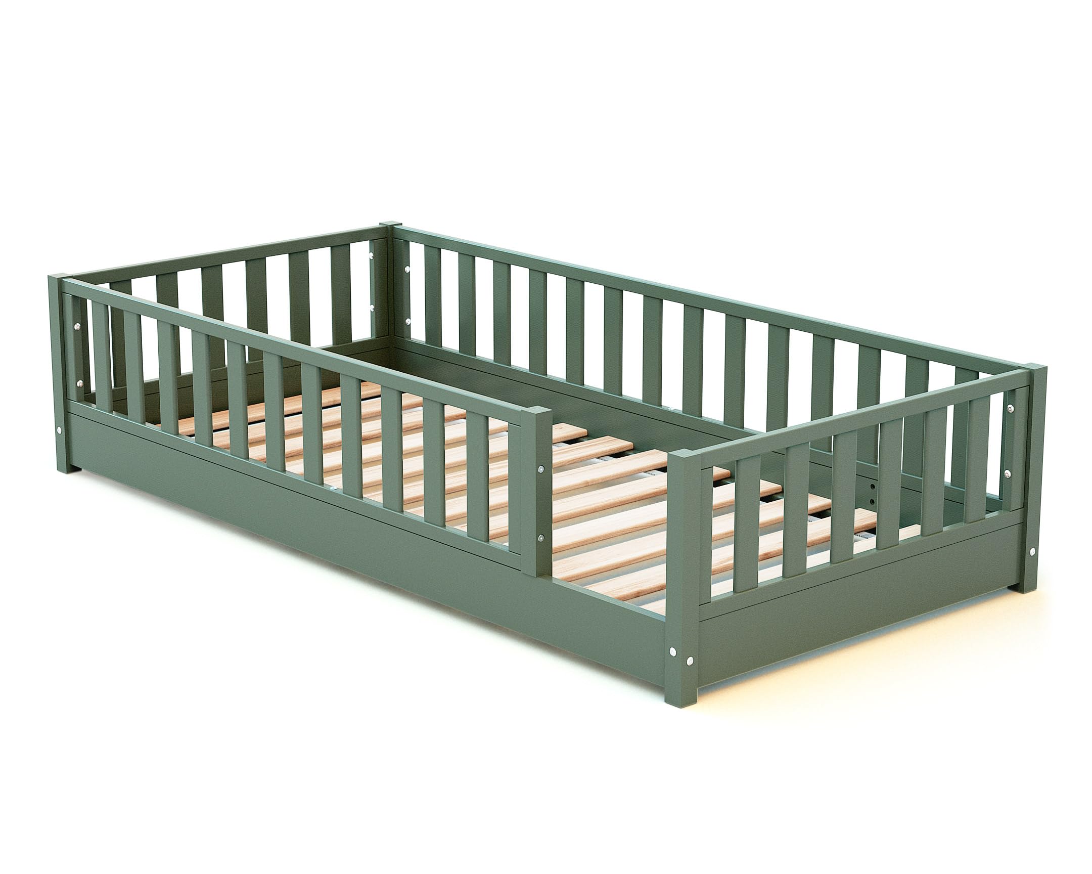 JURABABY - Lit au sol enfant en bois SONHO - 90x190 - Vert sauvage | Avec barrière amovible gauche ou droite | Lit enfant avec sommier