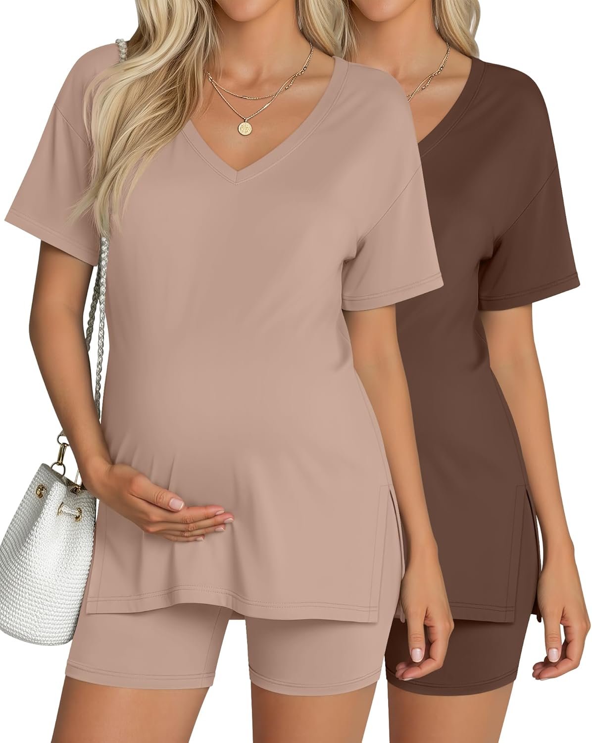 2 Pack Women's Maternity Pajama Set 2 Piece Outfits Side Split Short Sleeve Shirts Lounge Shorts Pregnancy Clothes