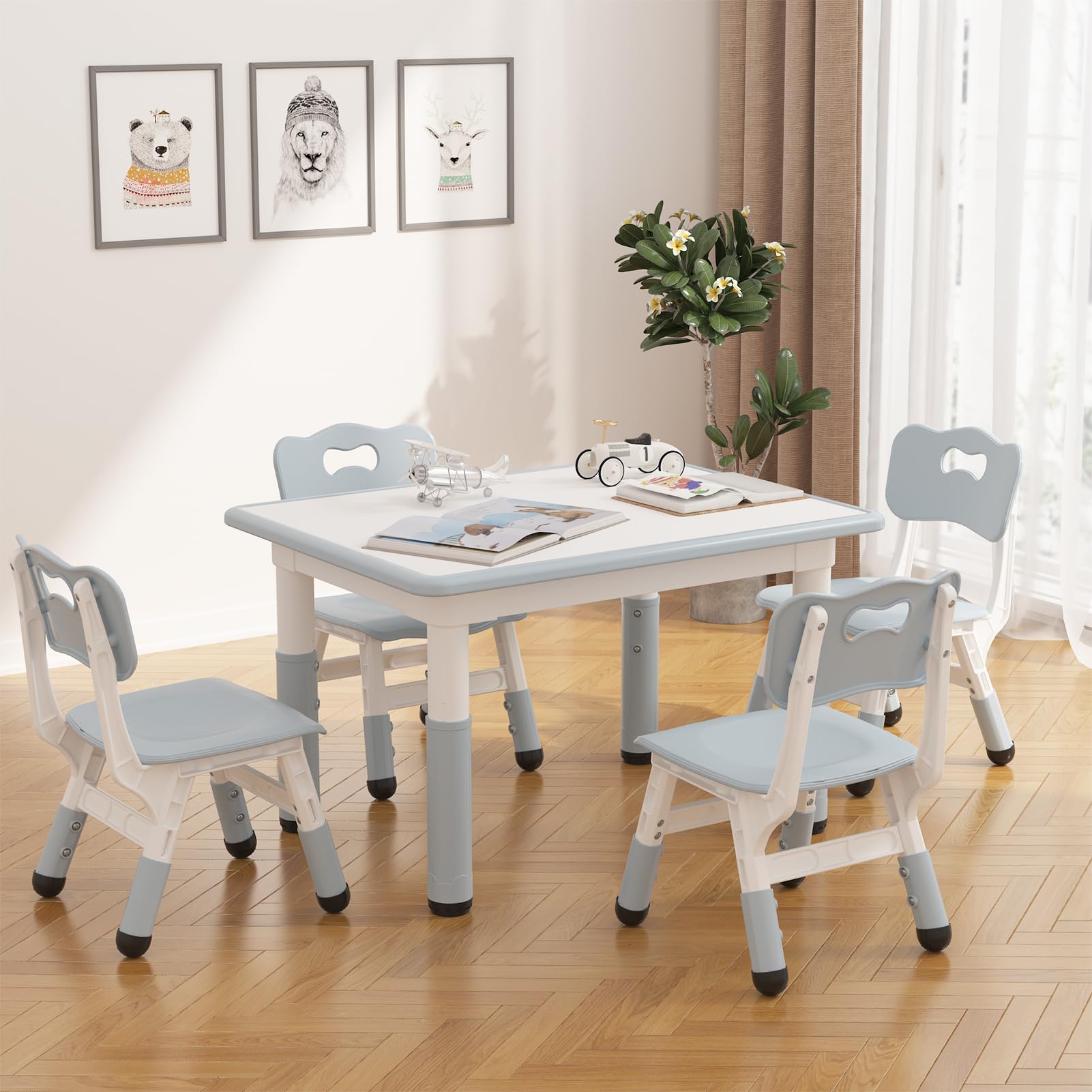 Table Enfant avec Chaise - Hauteur réglable,Bureau Enfant avec 4 chaises Design Antidérapante,Ensemble Bureau pour Chambre & Salle Classe de Maternelle(Gris)