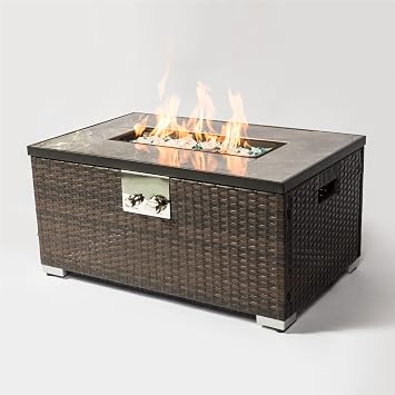 Outdoor Rattan Wicker Fire Pit Column, Propane Fire Column for Decor 50,000BTU Gas Fire Pit Table with Ceramic Tile Tabletop Garden Corner Table 32x20IN Brown Rectangle Fire Table