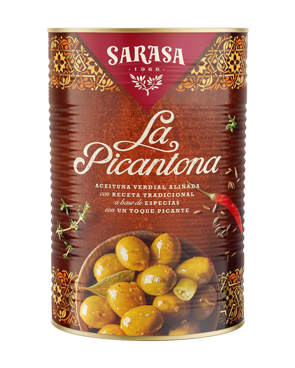 " LA PICANTONA" SARASA - SABROSAS ACEITUNAS ALIÑADAS CON RECETAS TRADICIONALES (1 LATA, PESO NETO 4200g (PESO ESCURRIDO 2500))