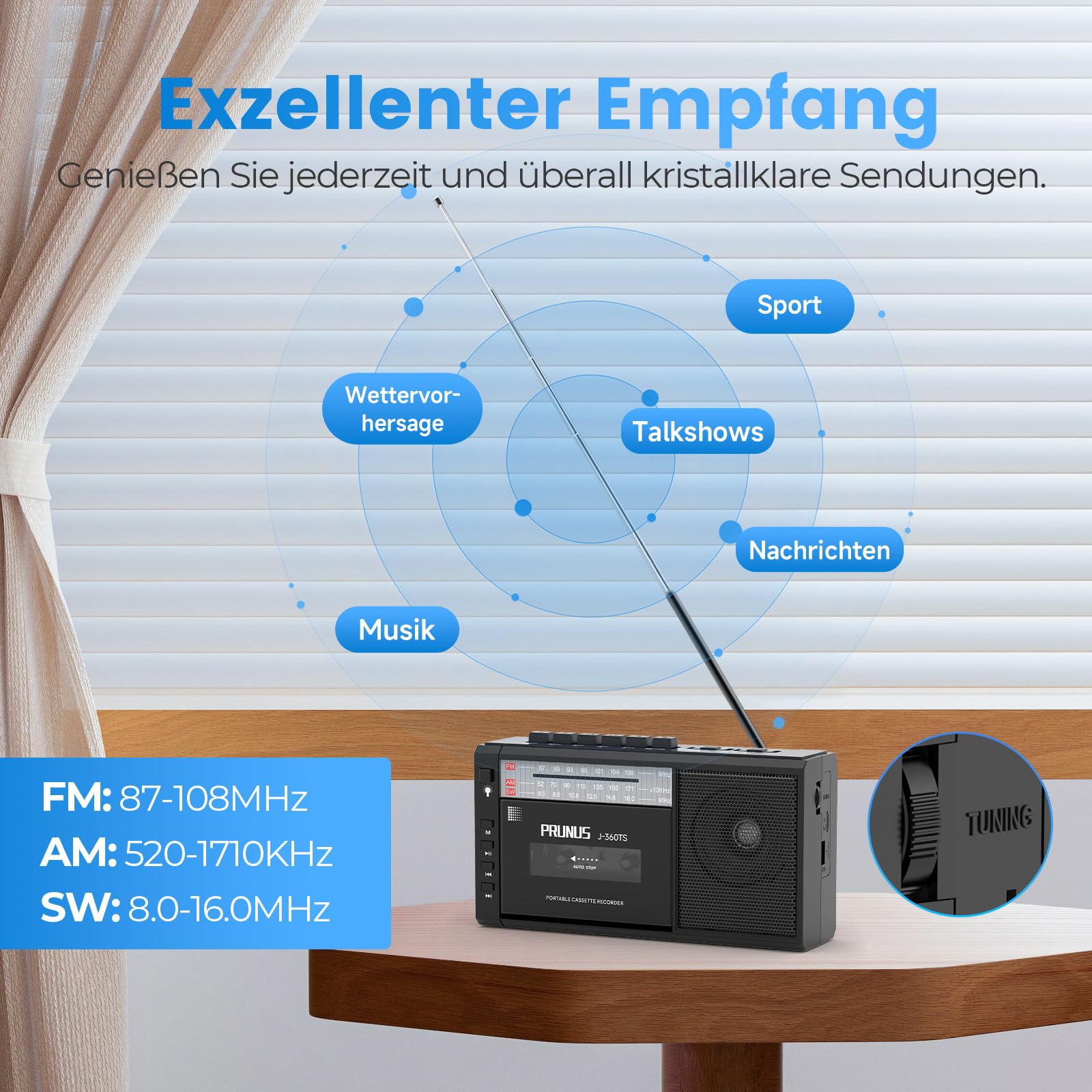 PRUNUS J-360 Tragbare Kassettenspieler mit Bluetooth, AM/FM Kassettenradio mit Akku & Solarpanel, Kleines Radio kassettenrekorder mit Kopfhöreranschluss, TF/USB-Laufwerk.