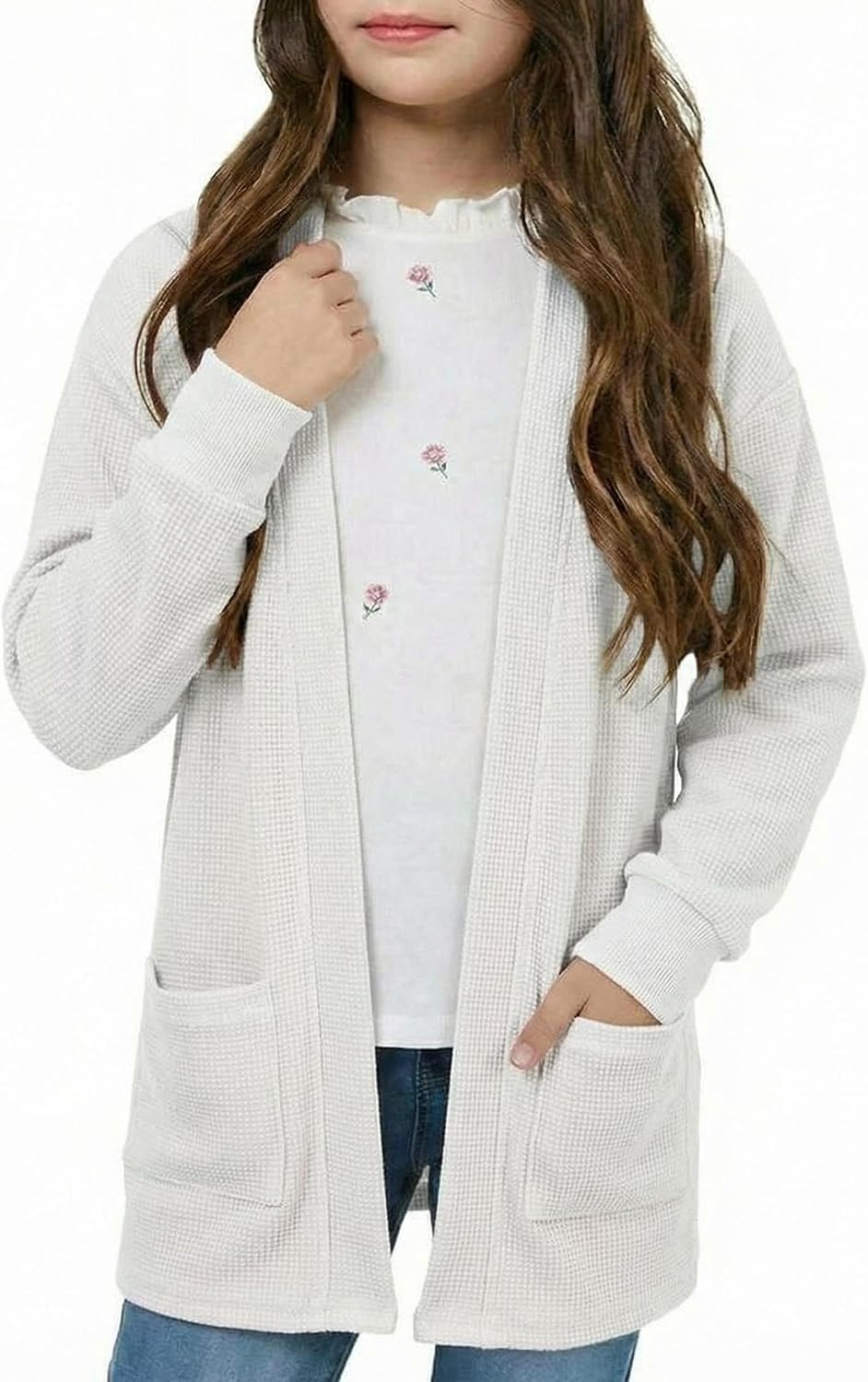 Girls Open Front Cardigan Long Sleeve Casual Fall Winter Loose Knit Sweaters Coat with Pockets