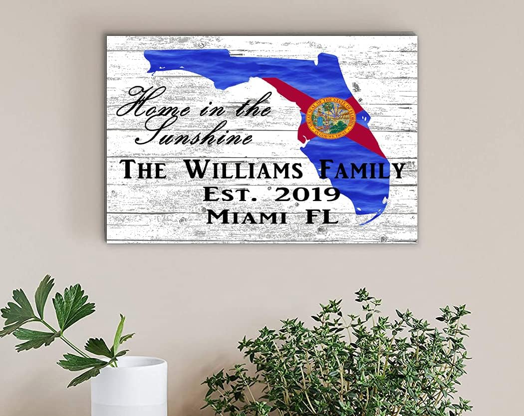 Broad Bay Florida Home Sign – Personalized Family Name Plaque with Established Year & City – Custom Florida Flag State Wall Art – Solid Wood 16.5" x 10.5"
