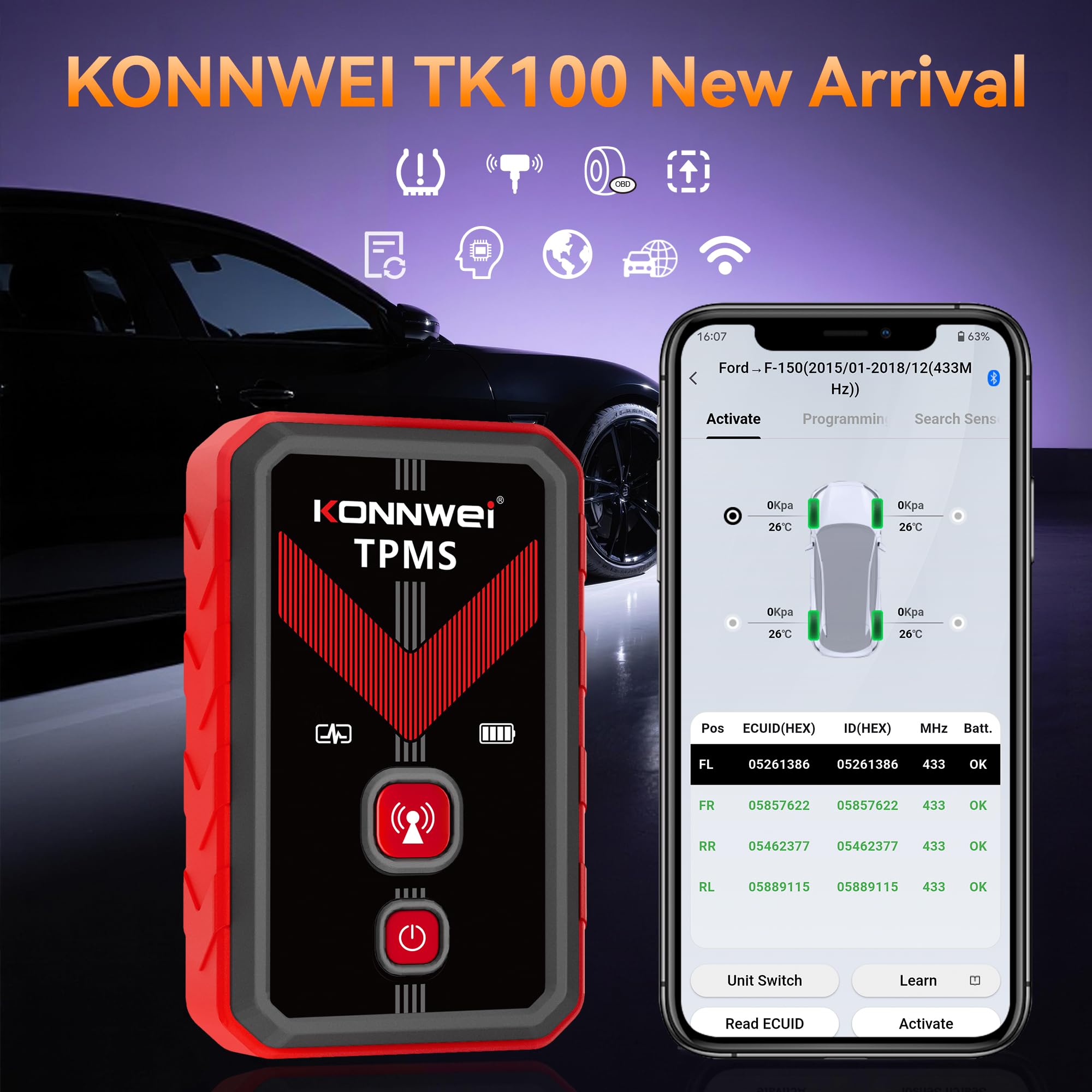 KONNWEI TK100 TPMS Reifendruckkontrollsystem für Wohnmobil, Camper, Wohnwagen, LKW, Van & SUV, mit 4 IPX7 Funksensoren, Echtzeit Reifendrucküberwachung 0-5 Bar/87 PSI, Druck- und Temperaturwarnung