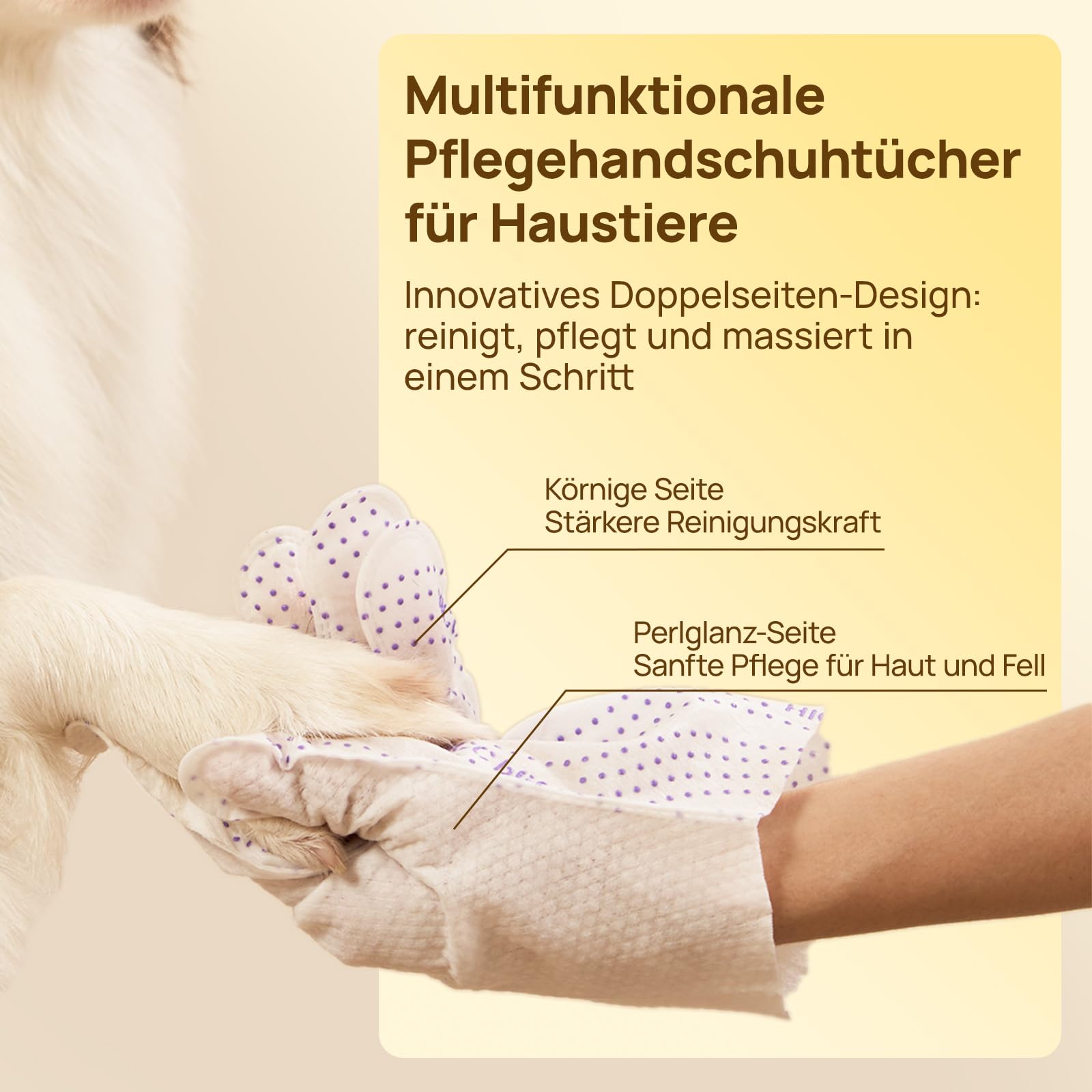 HICC PET Fellpflegetücher, PRO 4-in-1 für Welpen, Hunde & Katzen, Kokosduft 20 Stück | Reinigungshandschuhe ohne Wasser mit doppelseitiger Textur, ideal für Zuhause & unterwegs