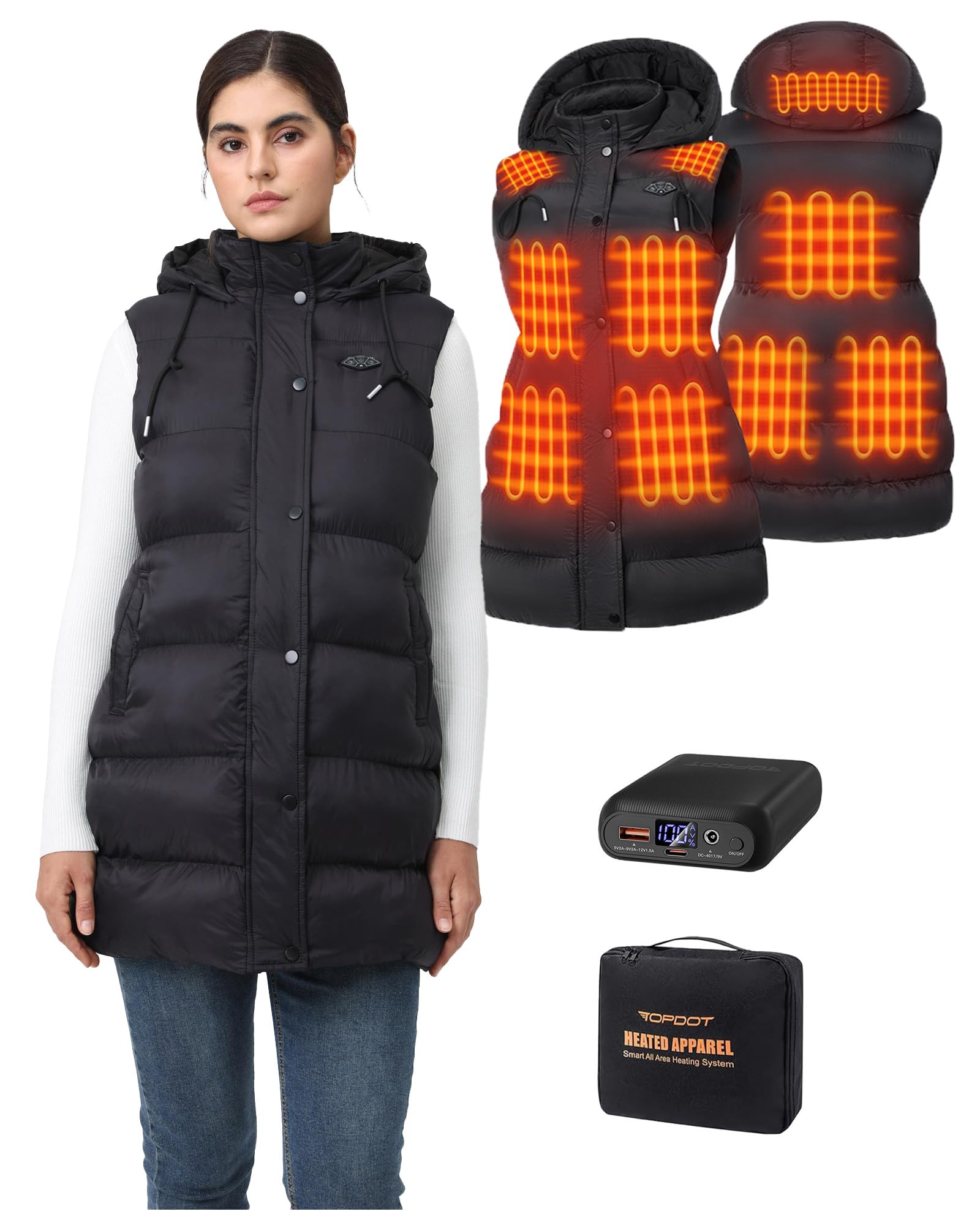 Long Puffer Heated Vest for Women with 16000mAh Battery Pack, 10 Heating Zones Hooded Winter Long Vest Outwear